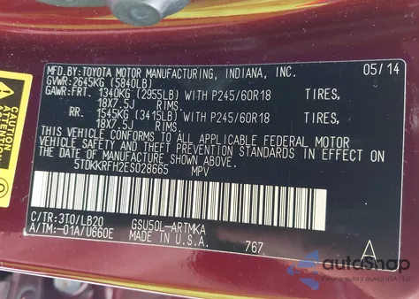 2014 Toyota Highlander Xle V6 from USA, damaged, VIN 5TDKKRFH2ES028665